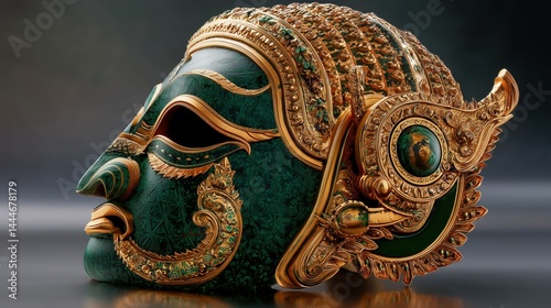 Obraz na płótnie 3D Profile View of Traditional Khon Thai Mask with Golden Trim w salonie