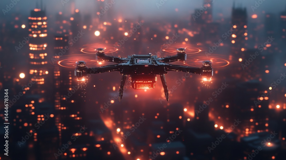 Fototapeta premium Drone Over Illuminated Cityscape