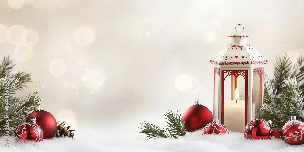 Bright White Lantern Shining in Snowy Landscape with Red Ornaments