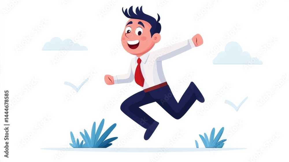 Fototapeta premium Dynamic Illustration of a Happy Businessman Running Joyfully in a Colorful Landscape with Clouds and Grass