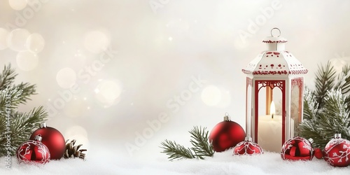 Obraz na płótnie Bright White Lantern Shining in Snowy Landscape with Red Ornaments w salonie