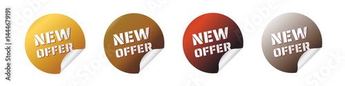 New Offer – glossy stickers: gold, silver, copper – vector illustration