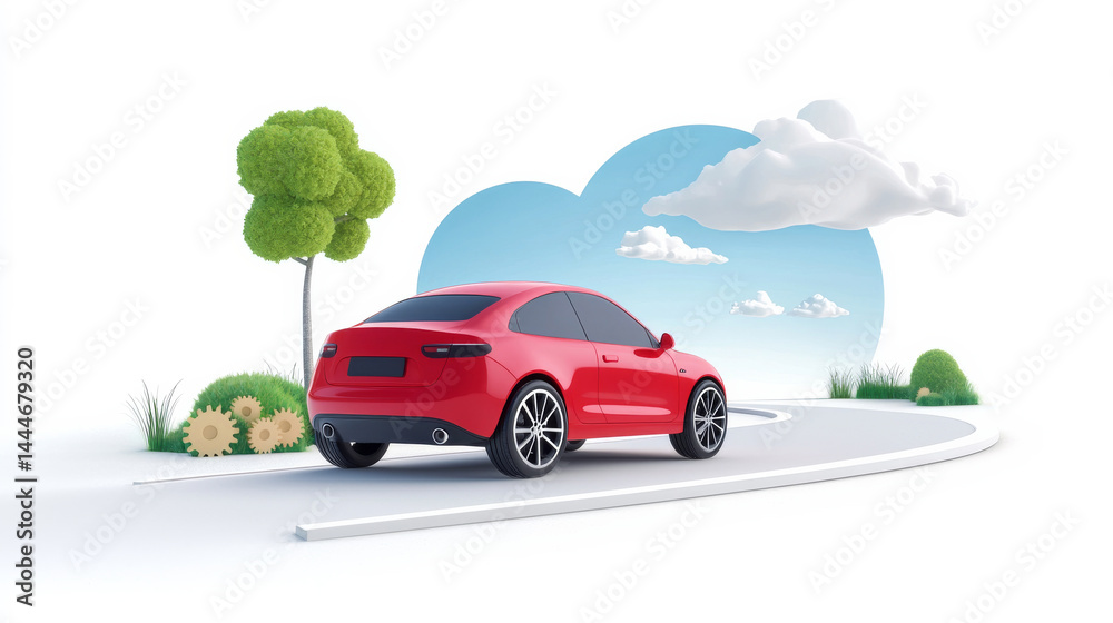 Flat Design Red Car Driving on a Winding Road with Trees and Clouds in a Clear Sky Flat Design Red Car Driving on a Winding Road with Trees and Clouds in a Clear Sky