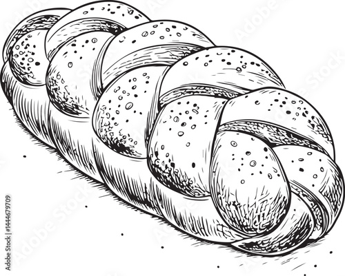 Challah Bread Loaf Type Black and White Vector Illustration, Sketch Drawing Line Linear Symbol Icon Engraving, Hand-drawn Isolated