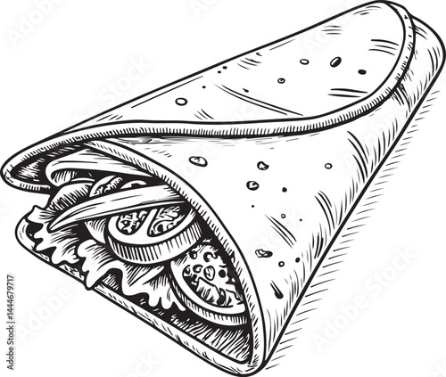 Lavash Wrap Sandwich Black and White Vector Illustration, Sketch Drawing Line Linear Symbol Icon Engraving, Hand-drawn Isolated