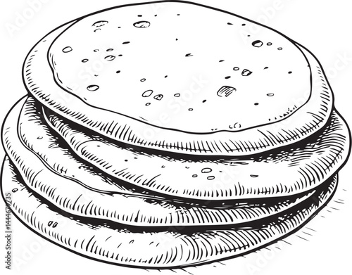 Pita, Naan, Flatbread Type of Bread, Black and White Vector Illustration, Sketch Drawing Line Linear Symbol Icon Engraving, Hand-drawn Isolated