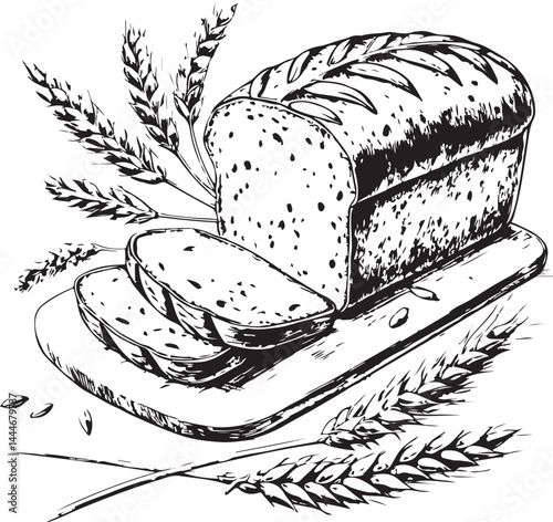 Multigrain bread loaf, Black and White Vector Illustration, Sketch Drawing Line Linear Symbol Icon Engraving, Hand-drawn Isolated