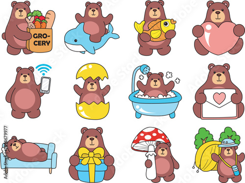 Illustration of cute bear icon.
Funny bear in daily activities elements.
