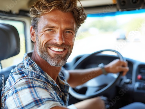 Happy Driver Behind the Wheel of a Vehicle photo