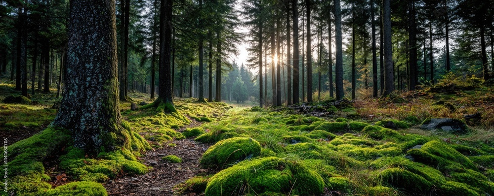 Fototapeta premium Green moss in forest with peaceful relax mood concept. Sunlight filters through a serene forest.