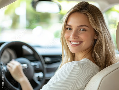 Happy Young Woman Driving Car with Smile photo