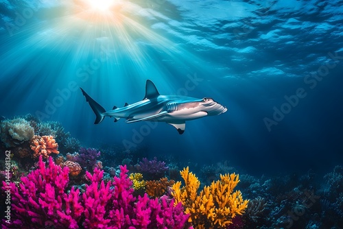 A hammerhead shark swims over colorful coral reef under the bright sun in the deep blue ocean water