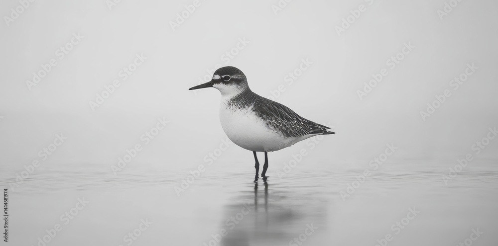 Fototapeta premium A shorebird wades through shallow water on a serene beach morning or evening