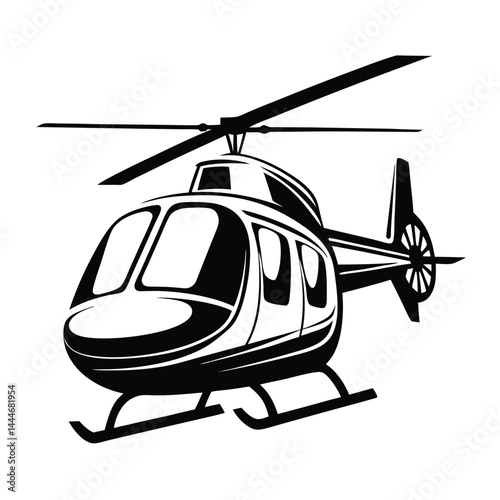 Isolated Black & White Stylized Helicopter with Rotor Blades and Windows