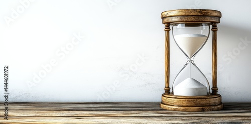 An elegant glass hourglass filled with flowing sand, resting on a wooden table, serves as a calm symbol of the passage of time