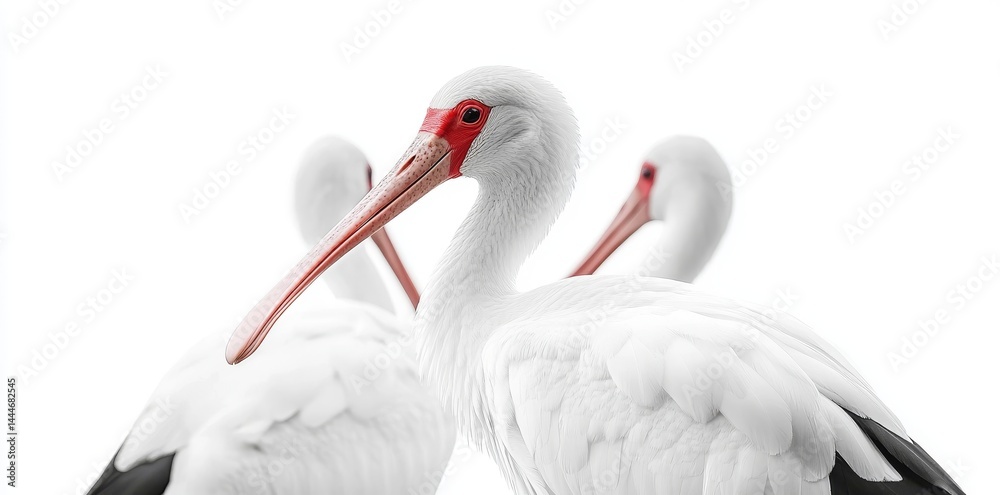 Fototapeta premium During sunset, the shoreline is where white ibises tend to wander, exhibiting their dazzling plumage and exclusive physical features
