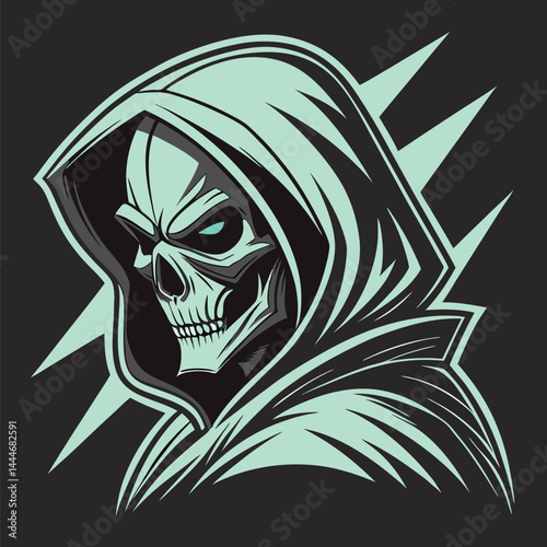 Skeleton with Glowing Green Eyes, Cloaked in Darkness with Mystical Symbols—Haunting Digital Art for Gothic, Horror & Fantasy Themes