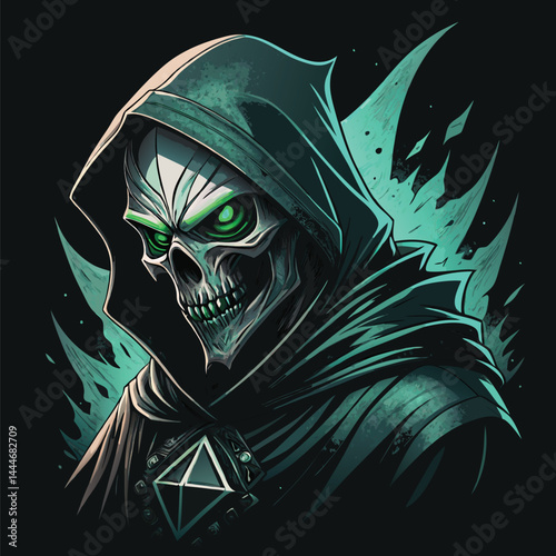 Eerie Hooded Skeleton with Glowing Green Eyes, Cloaked in Darkness with Mystical Symbols—Haunting Digital Art for Gothic, Horror & Fantasy Themes