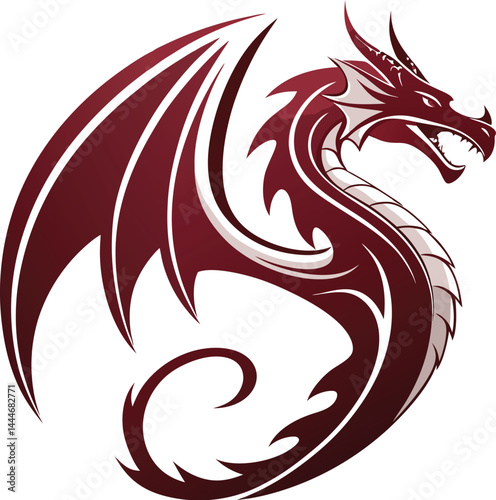 Powerful red dragon with wings curled in circular shape – dynamic tribal fantasy design with fierce expression and sharp details in vector illustration style.