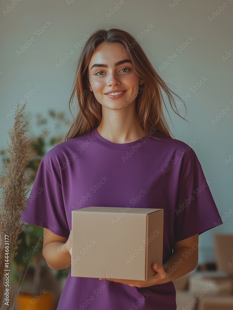 Obraz premium Advertisement, advertising, woman in purple t-shirt with clean kraft box in hands, simple clean minimalistic background.