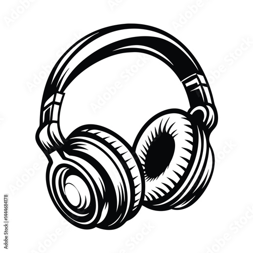 Black and White Headphones Illustration, Modern Audio Equipment Style, Stylish Art