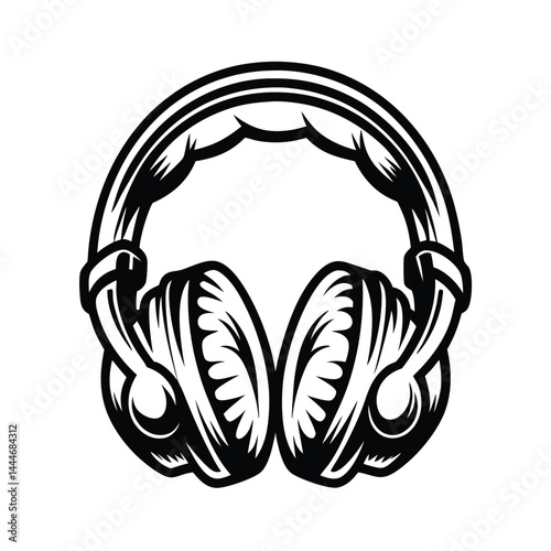 Detailed Headphone Design Black and White Illustration, Isolated, Music Accessory