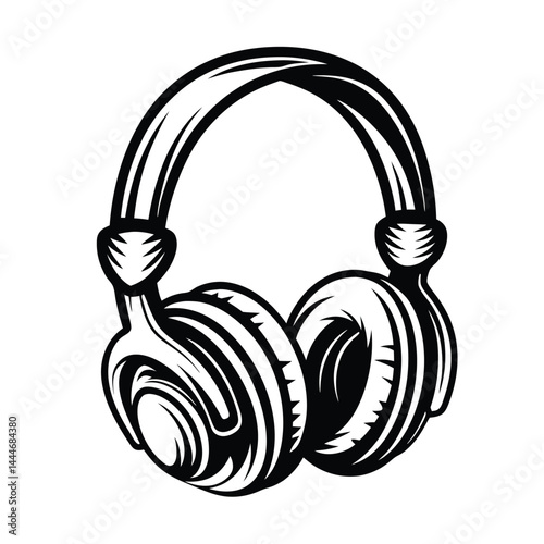 Monochrome Headphones Illustration, Audio Equipment Outline, Isolated Music Headset Design