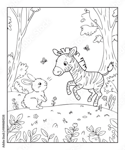 Cute baby zebra playing with rabbit coloring page for kids, black line art vector illustration on white background