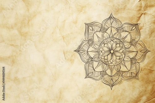 Vintage parchment paper with intricate mandala design  Detailed floral pattern in a circular shape