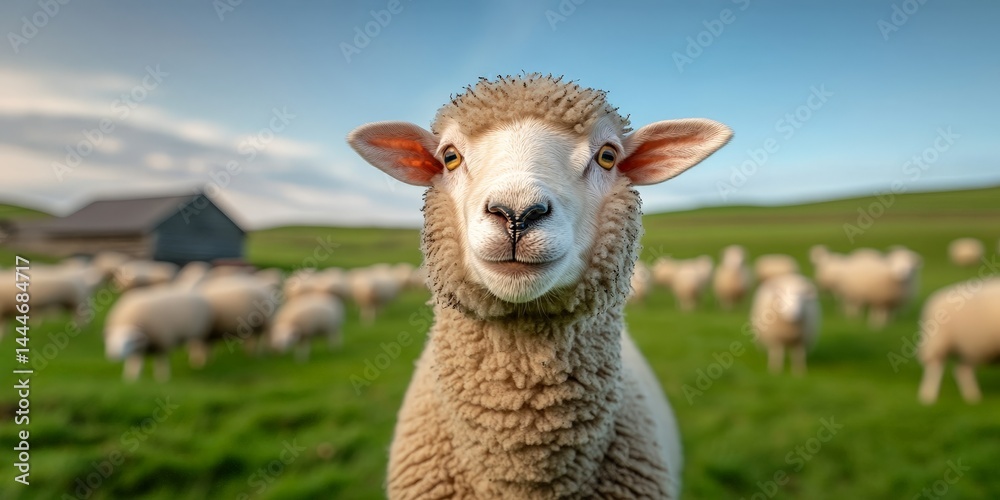 Fototapeta premium Curious Sheep on a Countryside Farm with Peaceful Background