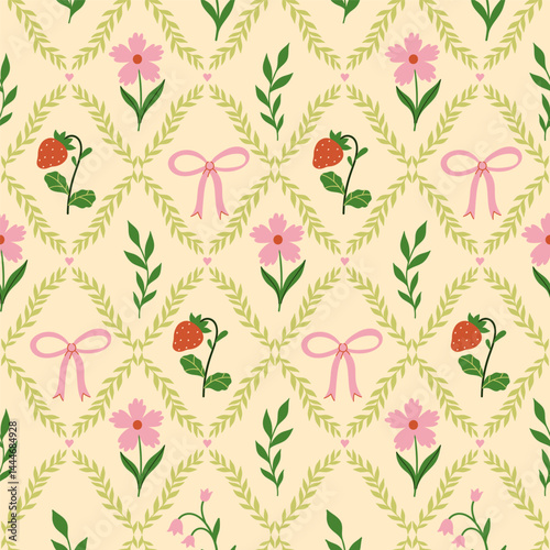 Seamless pattern with rhombuses, bows, flowers, strawberries. Vector graphics.