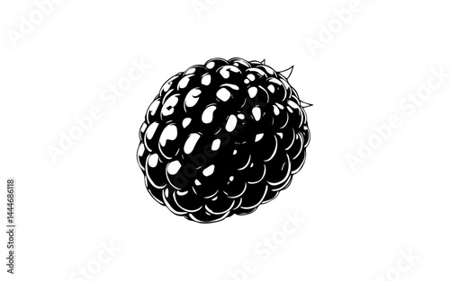 black and white vector illustration of Blackberry jam fruit, oval and bumpy with uneven surface and deep ridges, thick black outlines on a white background.
