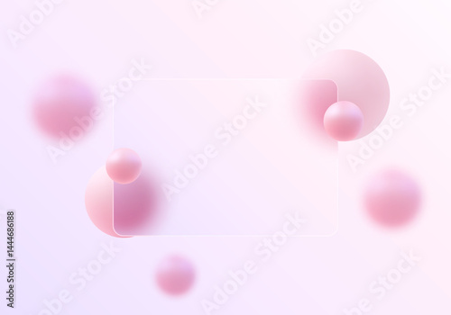 Glass morphism abstract background with pink 3D spheres, soft pastel gradients and translucent panel.