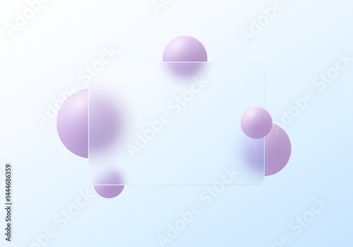 Minimal glass morphism background with lavender 3D spheres and translucent panel on a soft blue gradient, modern pastel vector layout.