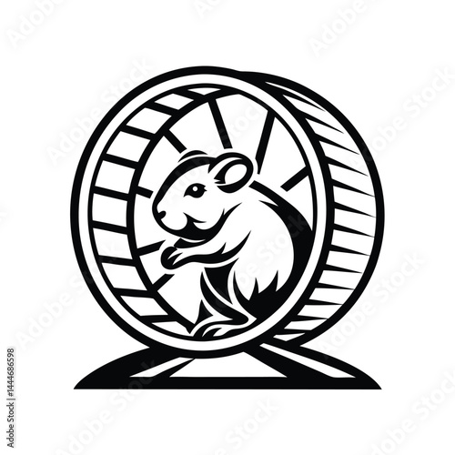 Minimalist Icon of Hamster Running in Exercise Wheel | Black and White Pet Silhouette