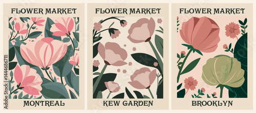 Set of abstract Flower Market posters. Trendy botanical wall arts with floral design in retro 70s colors. Modern naive groovy funky interior decorations, paintings. Vector art illustration