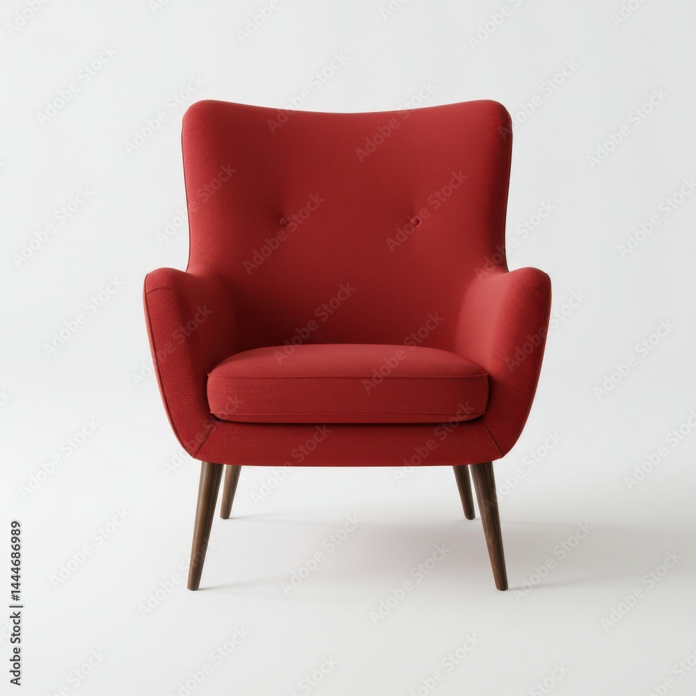 A red upholstered armchair with a high back and wooden legs on a white seamless background in a studio A red upholstered armchair with a high back and wooden legs on a white seamless background in a studio