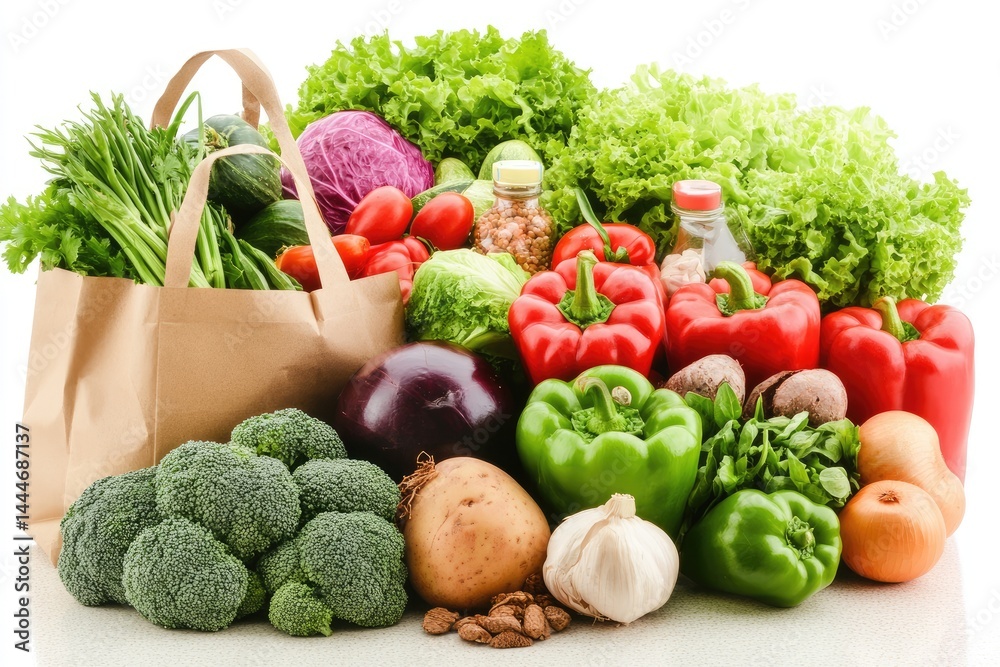 Fresh produce in a paper bag, various colorful vegetables and fruits, healthy food Fresh produce in a paper bag, various colorful vegetables and fruits, healthy food