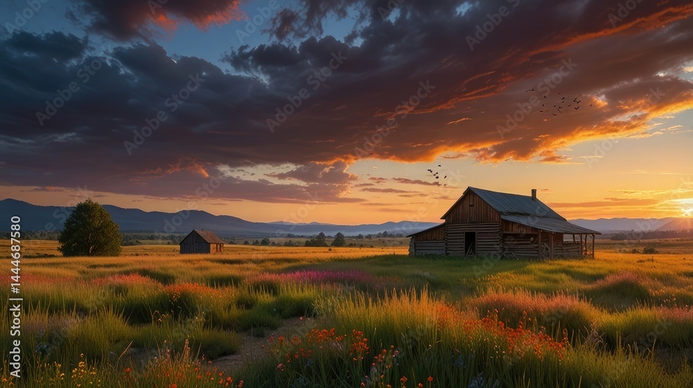 Golden light bathes the alpine landscape with a mountain hut under the vast sky at sunrise or sunset Golden light bathes the alpine landscape with a mountain hut under the vast sky at sunrise or sunset