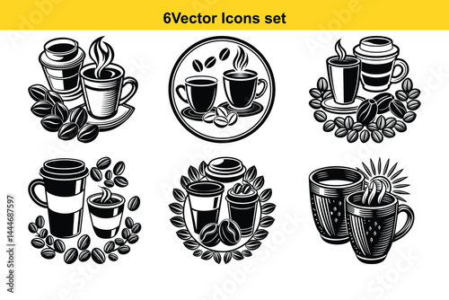 Six Exquisite Coffee Cup Vector Icons Perfect for Cafe Logos and Branding