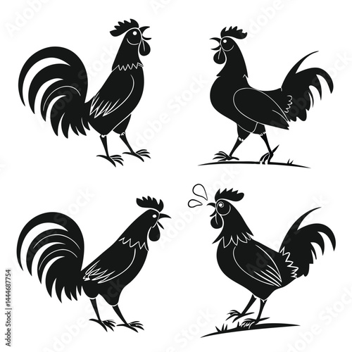 Black Rooster Silhouettes Set Crowing Farm Bird Icons, Cock Chicken Illustrations