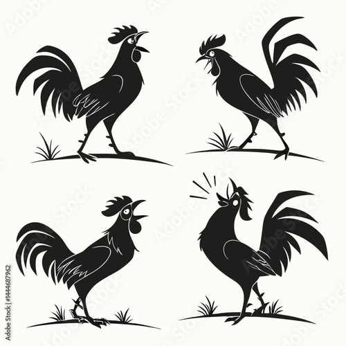 Rooster Silhouette Set, Cocks Crowing, Domestic Birds in Black & White, Barnyard Animal