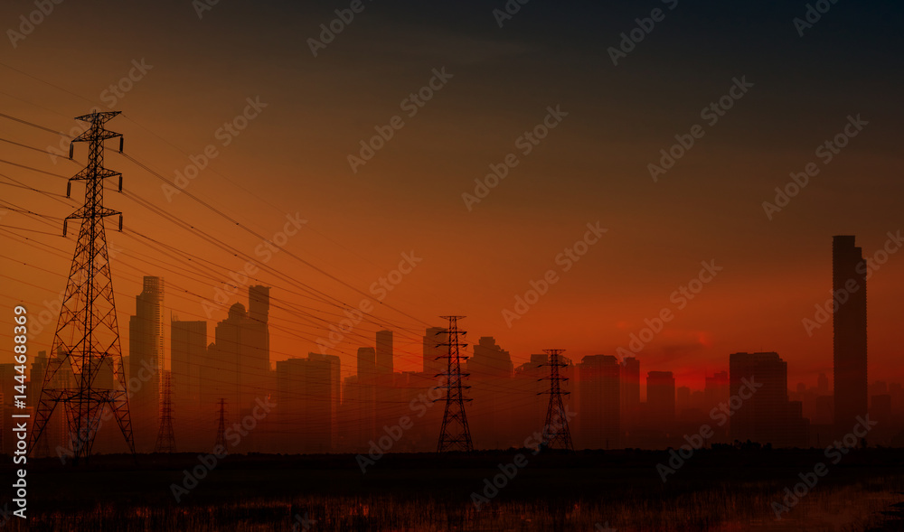 Blackout in Spain and Portugal shows dark cityscape with electricity pylon. European energy crisis. Power outage and infrastructure vulnerability at night. Power outage concept. Metropolitan emergency