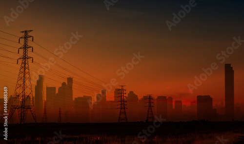 Obraz na płótnie Blackout in Spain and Portugal shows dark cityscape with electricity pylon. European energy crisis. Power outage and infrastructure vulnerability at night. Power outage concept. Metropolitan emergency w salonie