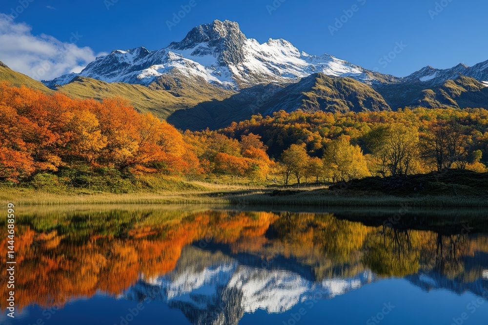 Obraz premium Autumnal Serenity: Majestic Mountain Reflected in a Calm Lake