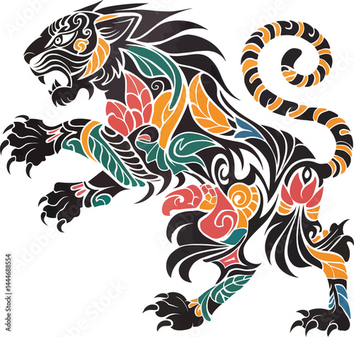 Ornamental tiger vector illustration for tattoo or t shirt design fierce feline with floral elements