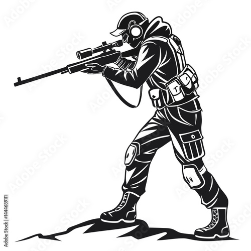 Silhouette Sniper Armed Soldier Aims Rifle, Military Gear, Detailed Design, Black on White