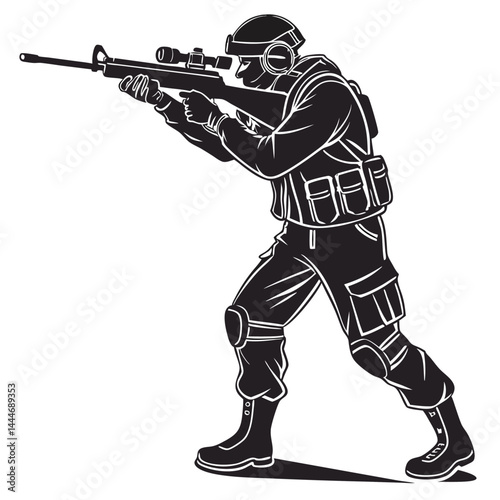Silhouette Soldier Aiming Rifle | Black & White Army Warrior Tactical Gear Full Body