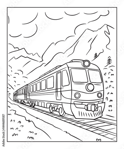 Beautiful steam train coloring page for kids, black line art vector illustration on white background