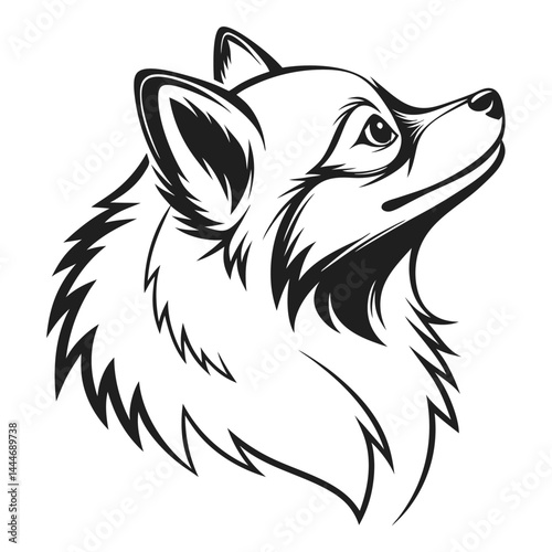 Line Art Pomeranian Dog Head Looking Upward, Stylized Fur Detail, Isolated Animal Portrait